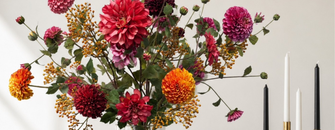 Kleurrijk zijden bloemenboeket met dahlia’s in warme herfstkleuren